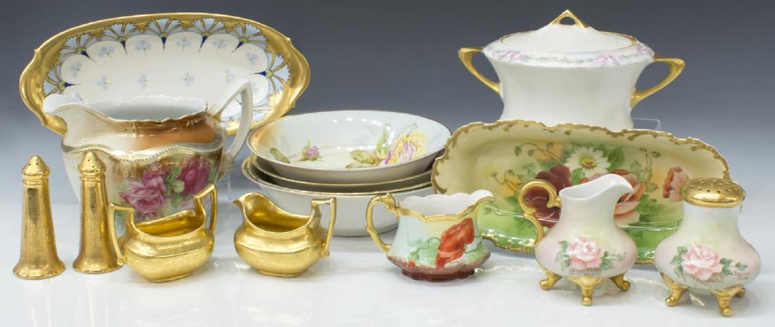 LARGE GROUP PICKARD & PAINTED PORCELAIN TABLEWARE: (lot of 15) Huge collection parcel gilt, painted, and transfer decorated porcelain tableware, assorted floral motifs, various pieces by assorted makers, highlights include: (1) Erdmann Schlegelmilch P