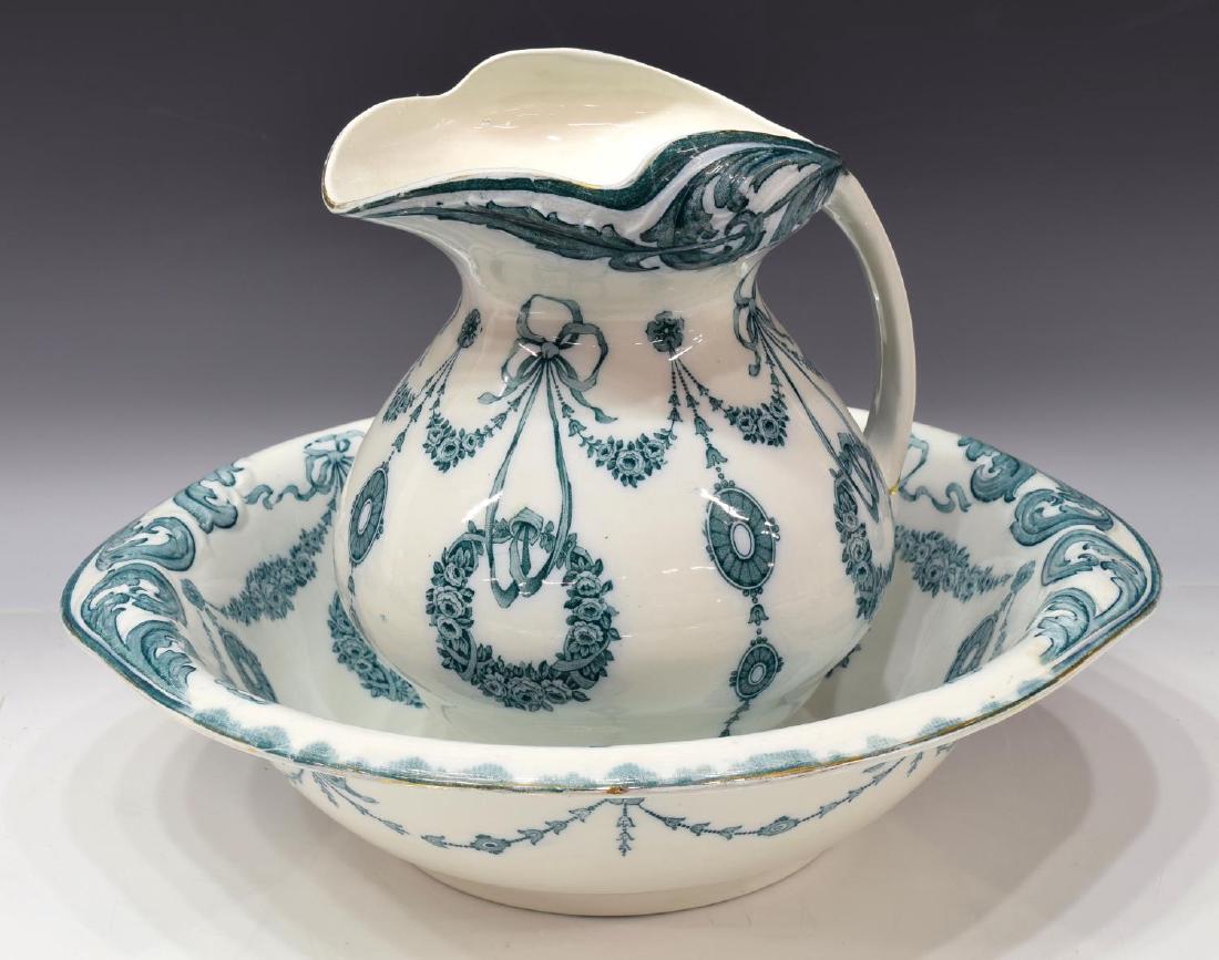 (2) ENGLISH WOOD & SONS 'SAVOY' WASHBOWL & PITCHER: (2 pieces) English Staffordshire washbowl and pitcher, c. 1907, manufactured by Wood & Sons, white ironstone with green transfer in the pattern "Savoy," bowl: 5"h, 18.25"diam, pitcher: 12"h; 10.25lbs 