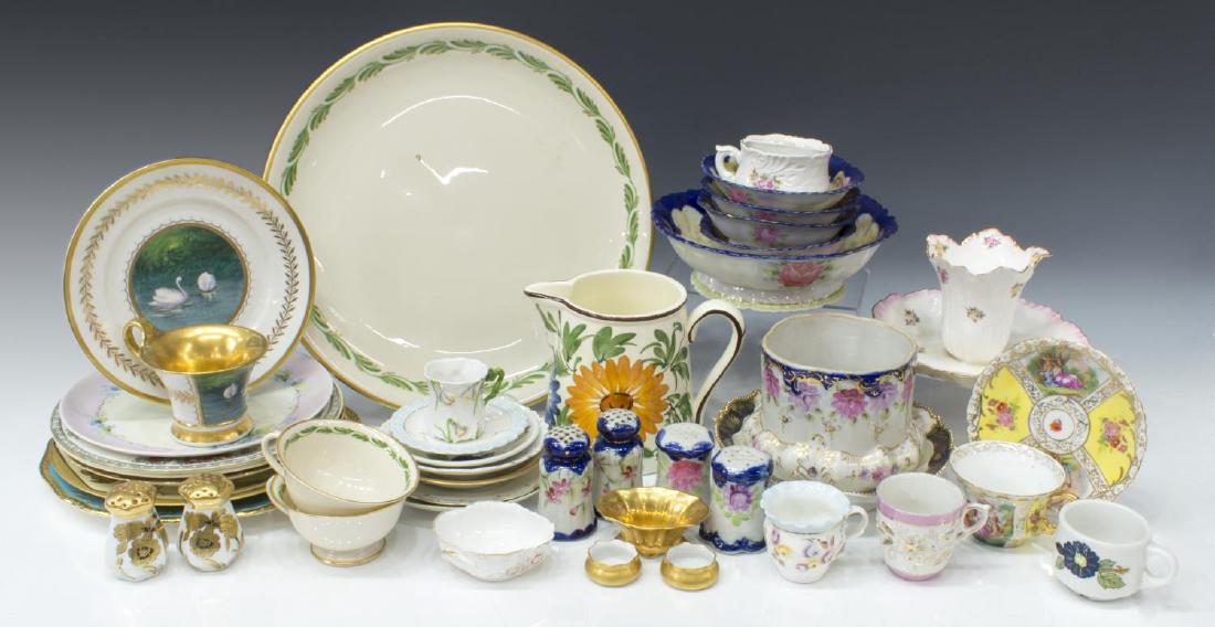 HUGE COLLECTION PARCEL GILT PORCELAIN TABLEWARE: (lot) Huge collection porcelain tableware, various makers, decor, and design, most with parcel gilt accents, highlights include: (1) Copeland china dish with conjoined under plate, retailed by Ovingto