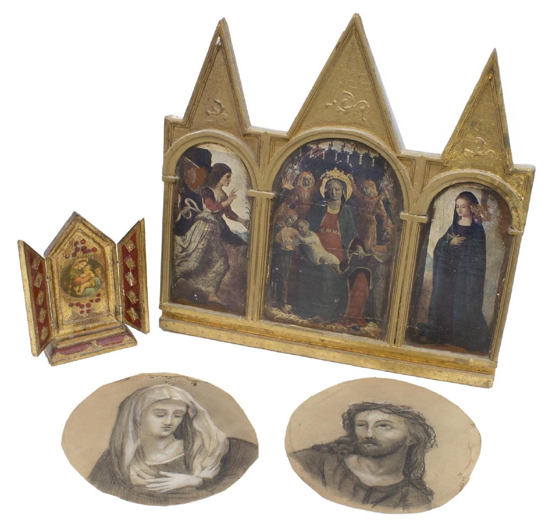 (4) RELIGIOUS ART, GILT ALTAR TRIPTCHS & DRAWINGS: (lot of 4) Religious art, including: (1) hanging triptych, 20th c., center panel depicting Madonna with child enthroned, flaked by angel and woman in cloak, centered in gilt frame, partial label verso