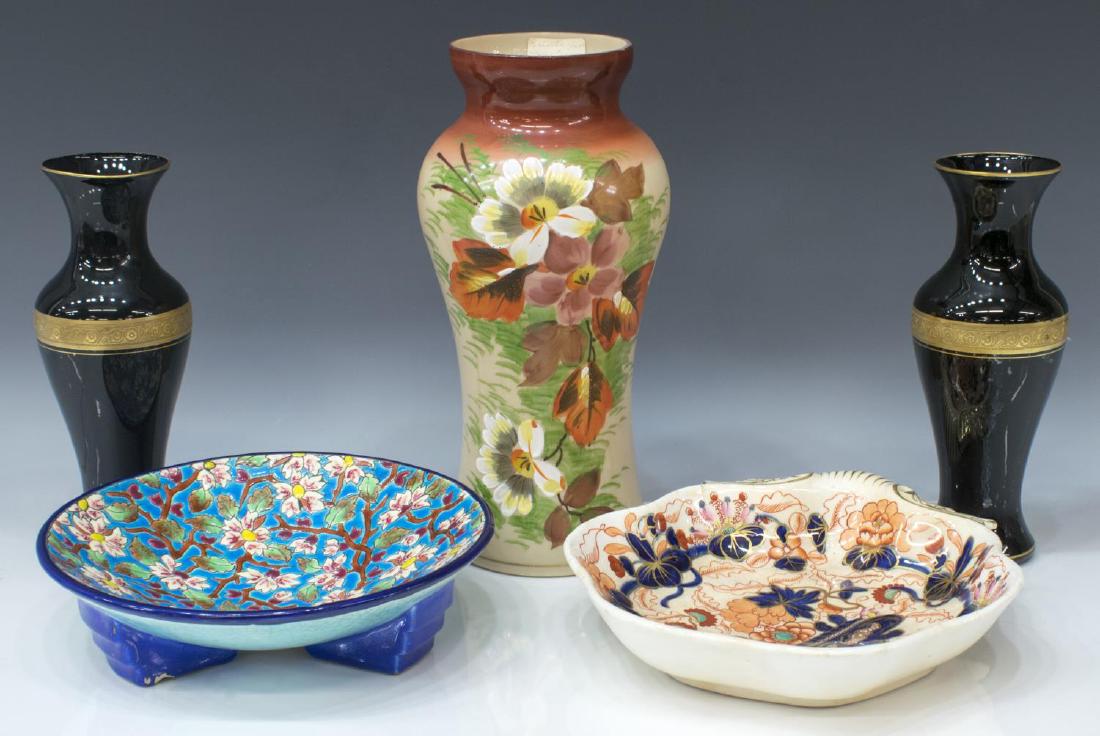 (5) LONGWY ENAMELED BOWL & OTHER CABINET ITEMS: (lot of 5) Collection of glass and ceramic tableware: (1) French faience enameled pottery footed bowl, Emaux De Longwy, the interior bowl completely decorated with flowering branches, turquoise back o