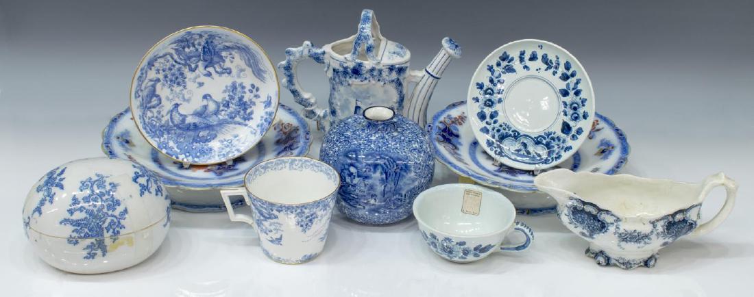 (10) BLUE & WHITE CERAMICS - ENGLISH, DELFT, ETC.: (lot of 10) Blue and white ceramics, including: (1) James Kent Fenton Ye Olde Foley Ware Adrian vase, England, c. 1920, round vase with different rural scenes to either side of the body, marked underf