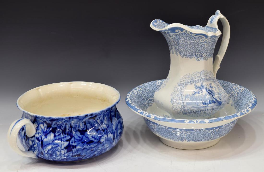 (3) ENGLISH STAFFORDSHIRE GIPSY WASHBOWL & PITCHER: (lot of 3) English Staffordshire transferware, late 19th/ early 20th c., including: (2 piece) washbowl and hexagonal pitcher, white ironstone with blue transfer in the pattern "Gipsy," marked underfoo