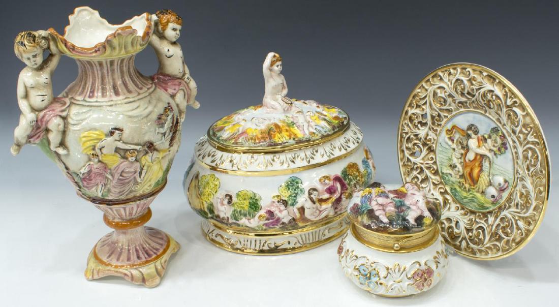 (4) CAPODIMONTE LIDDED TUREEN, BOX, PLATE & VASE: (lot of 4) Italian Capodimonte cabinet and table items, including: (1) vase with figural handles, 12"h; (1) circular box, having gilt metal collar joined to hinged lid, 4"h; (1) covered tureen with fi