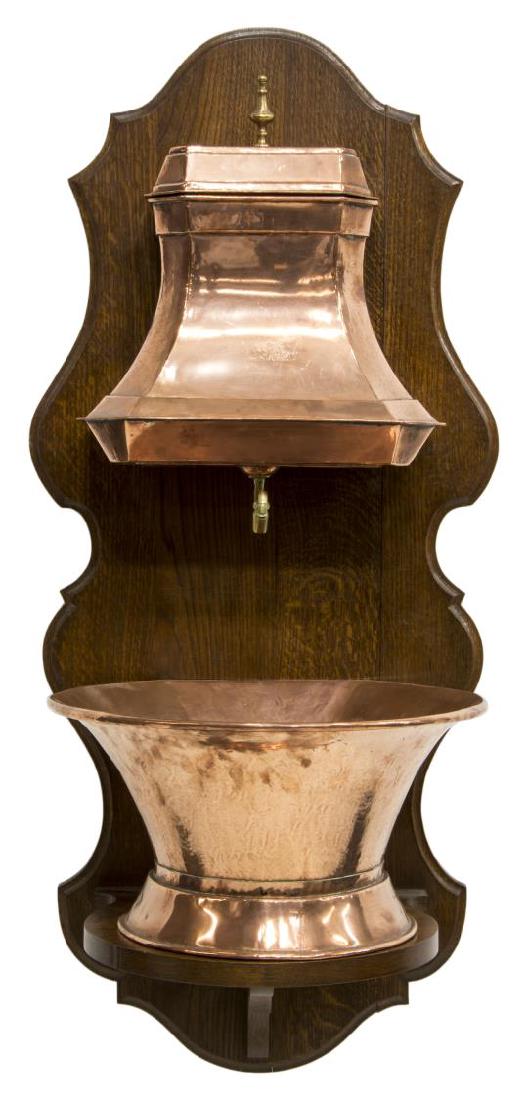 FRENCH WALL-MOUNTED COPPER LAVABO ON OAK BOARD (1 of 2)
