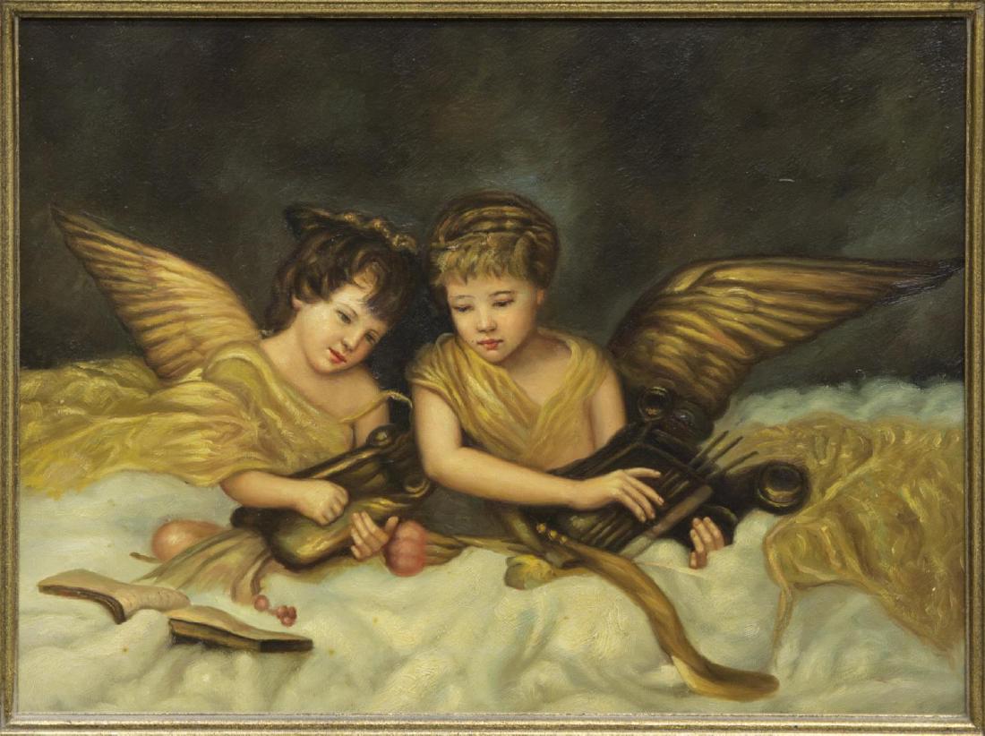 ELABORATE GILT FRAMED PAINTING ON CANVAS, ANGELS (1 of 3)
