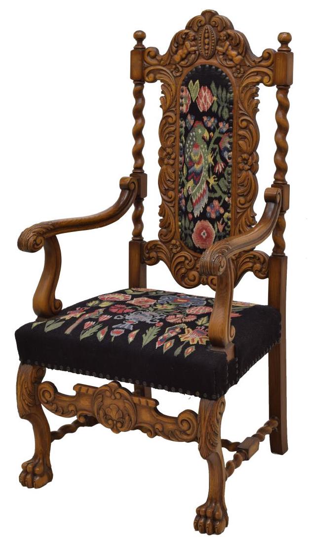 HENRY II STYLE OAK ARMCHAIR NEEDLEPOINT UPHOLSTRY (1 of 3)