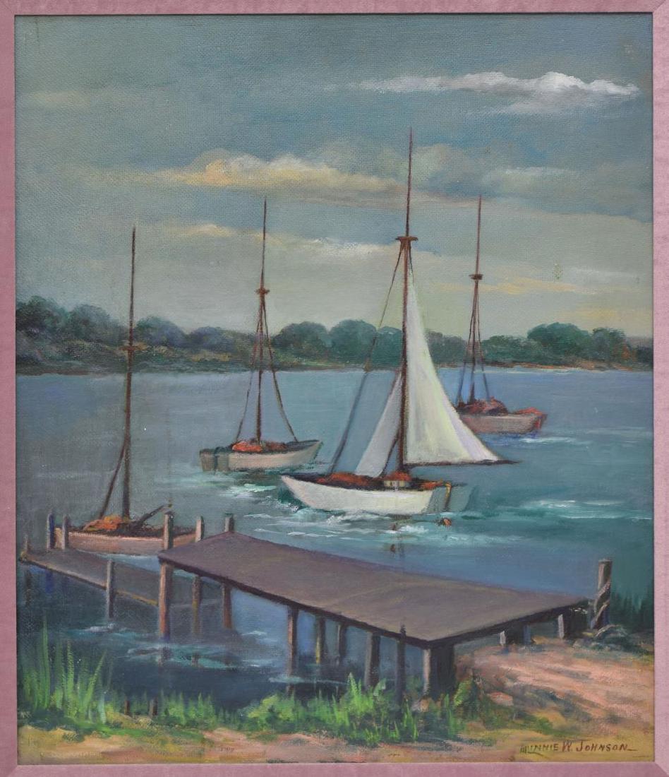 MINNIE W. JOHNSON (1874-1974) TEXAS SAIL BOATS: Framed oil painting on canvas board, "Boats at White Rock...Sail Club" (Dallas), signed lower right Minnie W. Johnson (Minnie Lee Wolaver Johnson, Tennessee, Texas, 1874-1954), titled and dated 1936 o