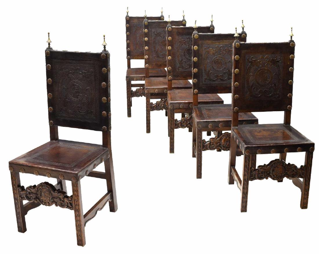 (6) SPANISH BAROQUE LEATHER SIDECHAIRS, 19TH C. (1 of 4)