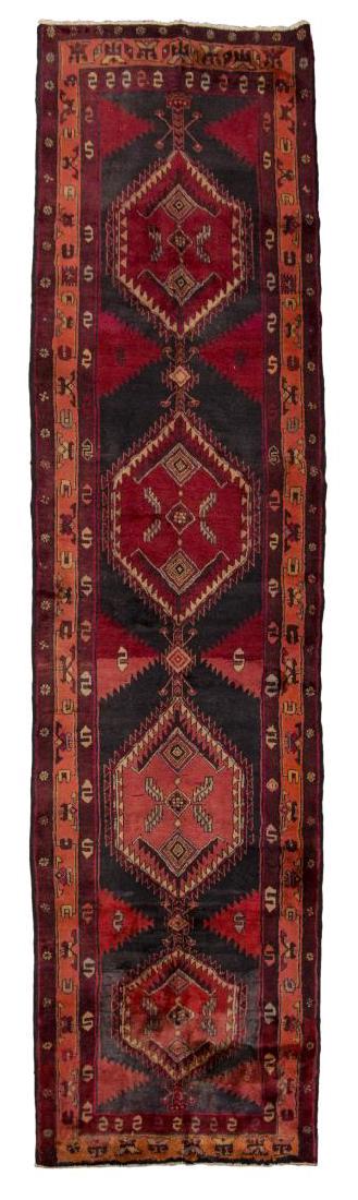 HAND-TIED PERSIAN KAZAK WOOL RUG, 12'11" x 3'6.5" (1 of 2)