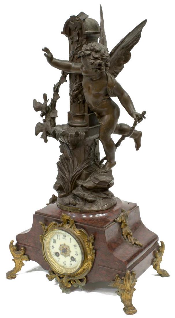 FRENCH MARBLE MANTLE CLOCK W/ FIGURAL TOPPER (1 of 7)