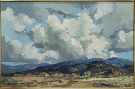 LAURENCE SISSON (1928-2015) NEW MEXICO LANDSCAPE: Framed painting on canvas, New Mexico Landscape, signed lower left L. Sisson (Laurence Philip Sisson, Massachusetts, New Mexico, 1928-2015), Wadle Galleries tag, Santa Fe at verso, sight: 19"h, 29"w,