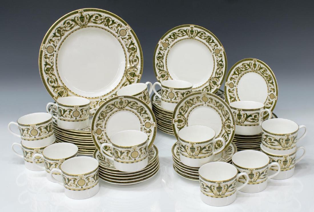 (64) ROYAL WORCESTER 'WINDSOR' FINE BONE CHINA: (lot of 64) Royal Worcester "Windsor" fine bone china, England, c. 1969, white ground embellished with raised green and gold enamel urns and floral scrolls, including: (12) dinner plates, 10.5"diam, (