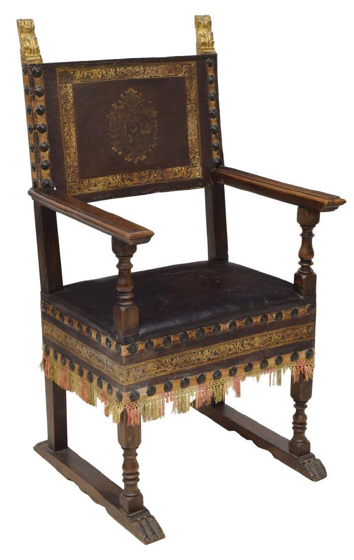 SPANISH BAROQUE STYLE EMBOSSED LEATHER ARMCHAIR (1 of 3)