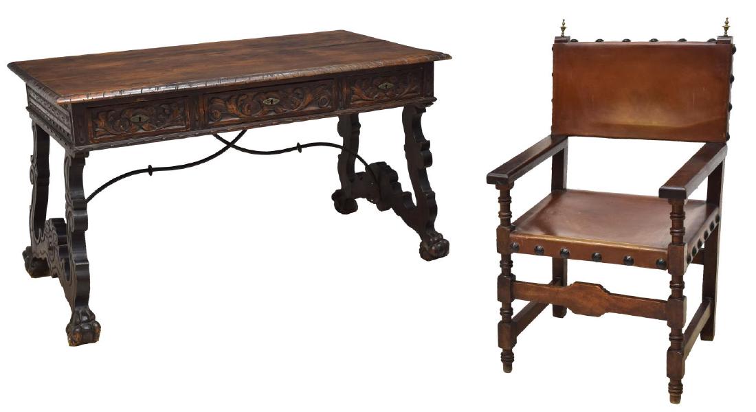 (2) SPANISH BAROQUE STYLE LIBRARY TABLE & ARMCHAIR (1 of 5)