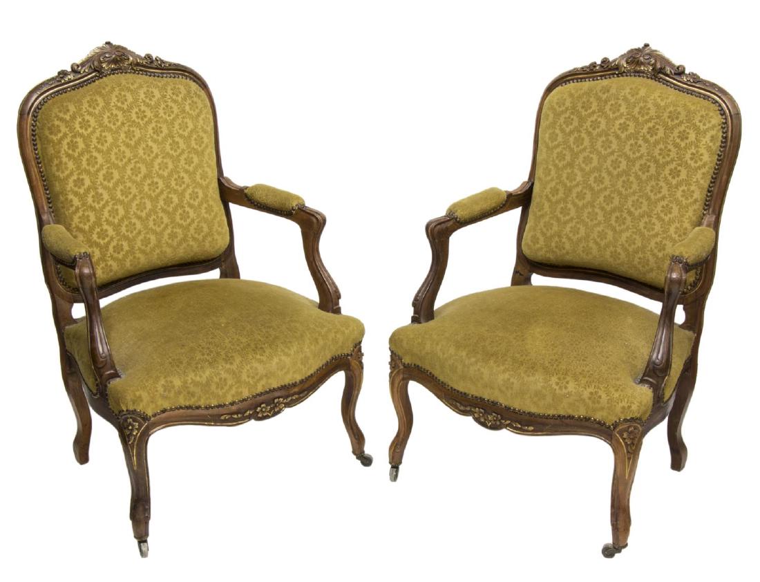 (2) FRENCH LOUIS XV STYLE WALNUT ARMCHAIRS, 19TH C (1 of 2)