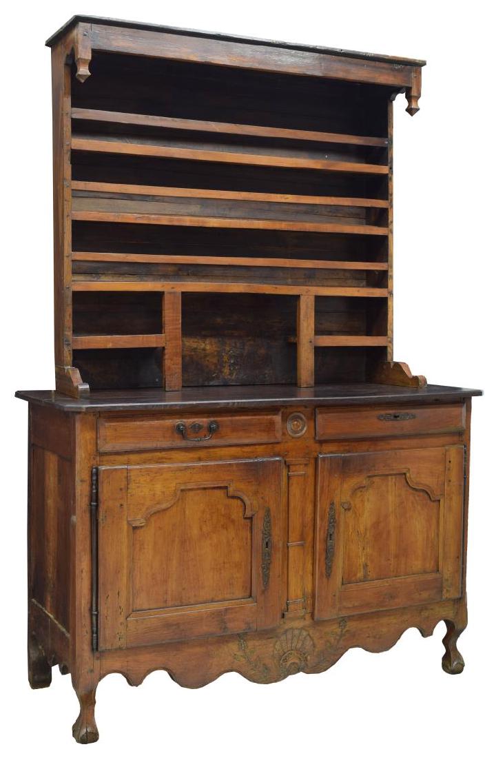FRENCH 18TH C. VAISSELIER: French vaisselier comprised of assembled similar upper and lower 18th c. sections, the upper display rack with a slanted cornice, pendant finials and three rail faced long shelves above two short shel