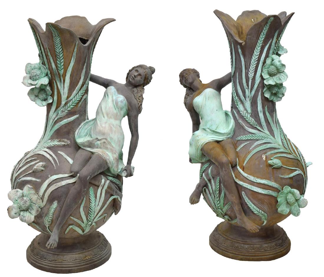 (2) LARGE ART NOUVEAU VERDE/PATINATED BRONZE VASES (1 of 2)
