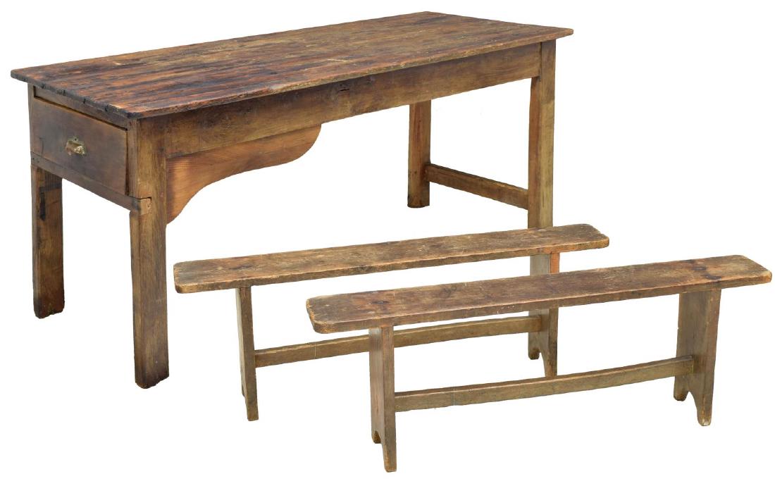 (3) FRENCH PROVINCIAL POPLAR TABLE AND TWO BENCHES (1 of 5)