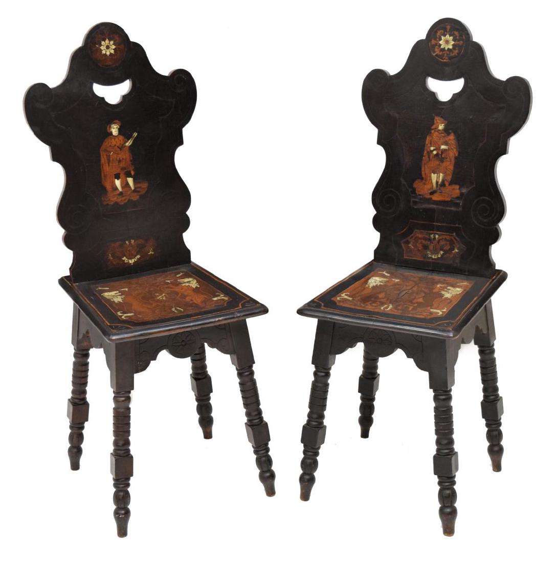 (2) RENAISSANCE REVIVAL CHAIRS, BONE INLAY, LIONS: (lot of 2) Renaissance Revival chairs, Austria, 19th c., bone and contrasting wood inlay, each back with an inlaid figure, the seats with standing lions holding a shield, raised on block and spool leg