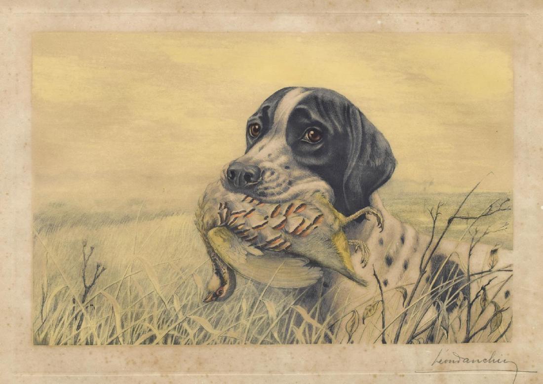 LEON DANCHIN (1887-1938) FRAMED HUNTING DOG PRINT: Framed print on paper, c. 1920, Chien de Chasse, signed in pencil lower right Leon Danchin (United States, France, 1887-1938), toning and foxing to paper, sight: 16"h, 23"w, overall: 19"h, 26"w, 3.5lb