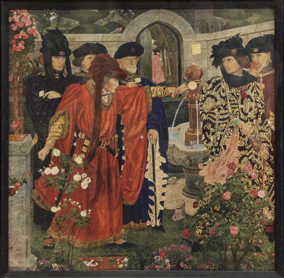 HENRY PAYNE (1868-1940) WAR OF THE ROSES PRINT: Framed print, "Plucking the Red and White Roses in the Old Temple Gardens" after the original 1910 fresco painting by Henry Albert Payne (British, 1868-1940) based upon a scene in Shakespeare's Henry