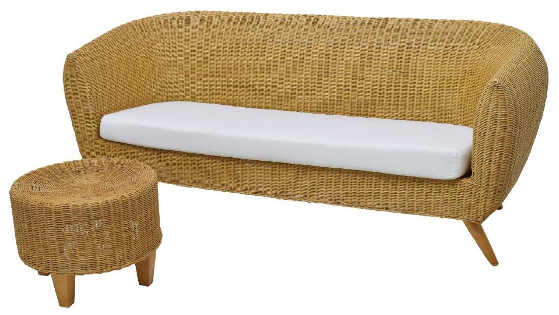 DANISH MODERN WICKER SOFA AND FOOTSTOOL (1 of 4)