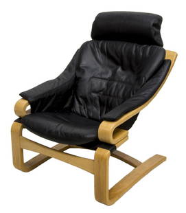 DANISH MODERN SKIPPERS FURNITURE APOLLO CHAIR: Danish modern "Apollo" beechwood easy chair, c. 1970's, produced by Skipper's Furniture, bentwood frame having black leather upholstery, retaining makers tag, spotting, approx 37.5"h, 29"w, 29"d