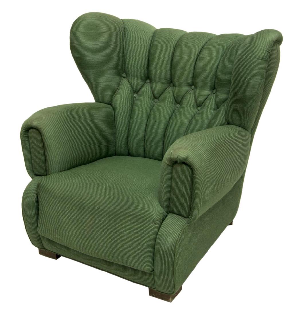 VINTAGE DANISH UPHOLSTERED ARM CHAIR: Vintage Danish upholstered chair of generous size, c. 1940's/ 50's, buttoned wingback joined to rolled arms and seat, on short wood legs, approx 36"h, 38"w, 39"d Start Price: $150.00
