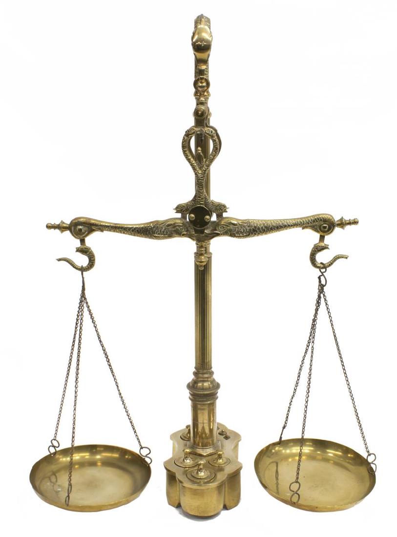 ENGLISH BRASS DOLPHIN BALANCE SCALE & WEIGHTS