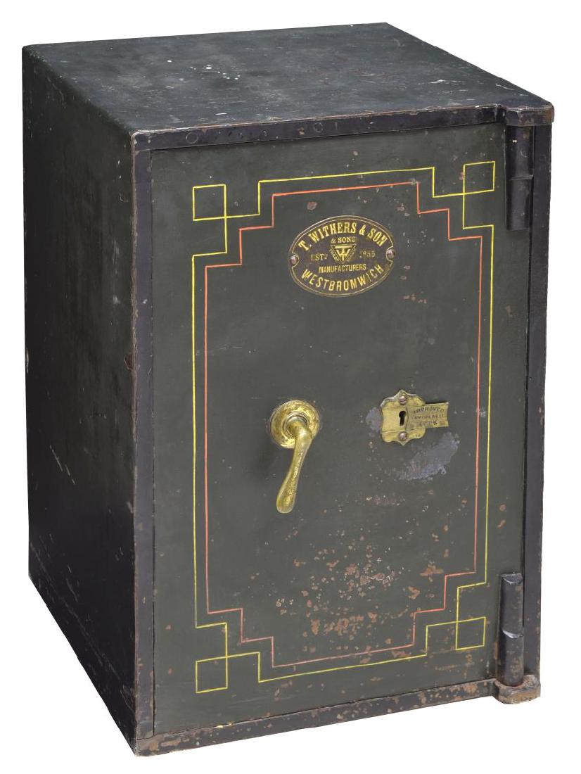 ENGLISH T WITHERS & SON PAINTED IRON KEY LOCK SAFE: English painted key lock iron safe, c. 1920, single door, having metal plate marked T. Withers & Son & Sons, Westbromwich, England, exterior painted green and black, with brass handle and escutcheon, 