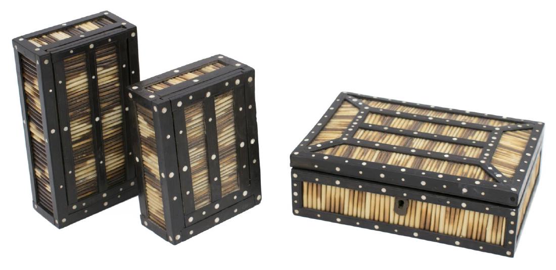 (3) ANGLO-INDIAN INLAID PORCUPINE QUILL BOXES: (lot of 3) Anglo-Indian ebonized porcupine quill boxes of graduated size, early 20th c., each having wood borders with inlaid bone dots, the largest with hinged lid, opening to decorative design, the 