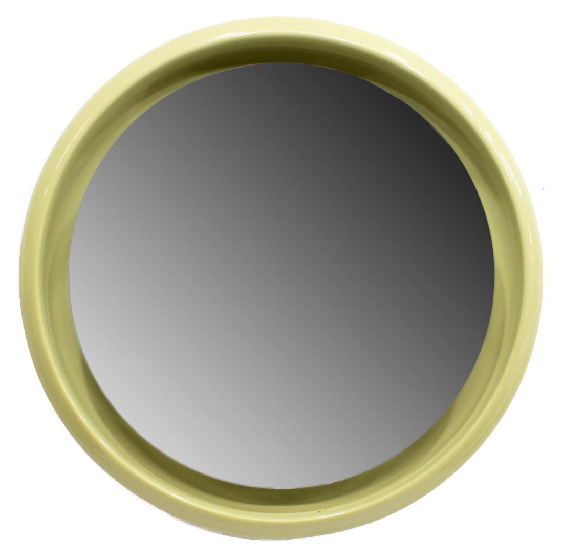 ITALIAN MODERN LIGHTED CIRCULAR BEVEL WALL MIRROR: Italian modern wall mirror, late 20th c., circular green ceramic frame, centering beveled mirror plate, concealing florescent light bulb, in need of wiring, approx 26.75"diam, 31lbs Start Price: 100.0