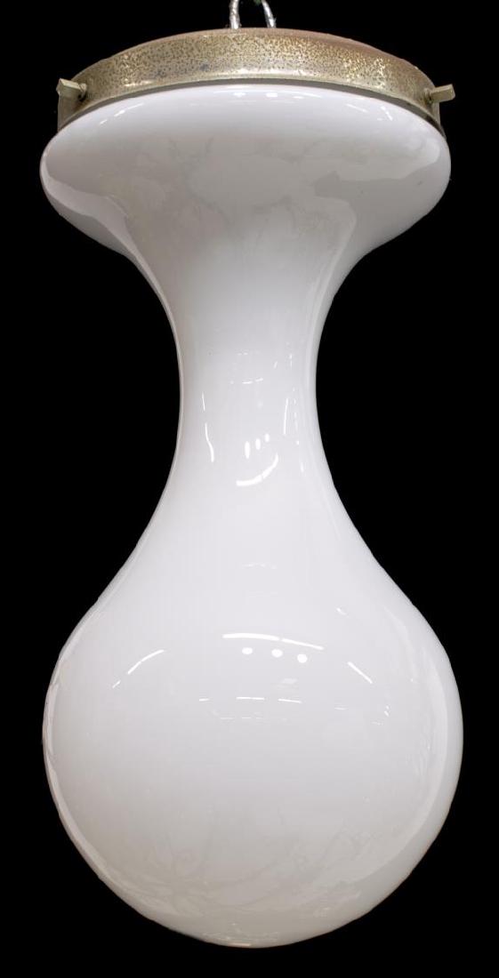 MID-CENTURY MODERN BIOMORPHIC HANGING LIGHT: Mid-century modern hanging light, c. 1970, in the style of Peill & Putzler, with metal cap and biomorphic white glass shade, in need of wiring, approx 14"h, 7"diam Start Price: $150.00