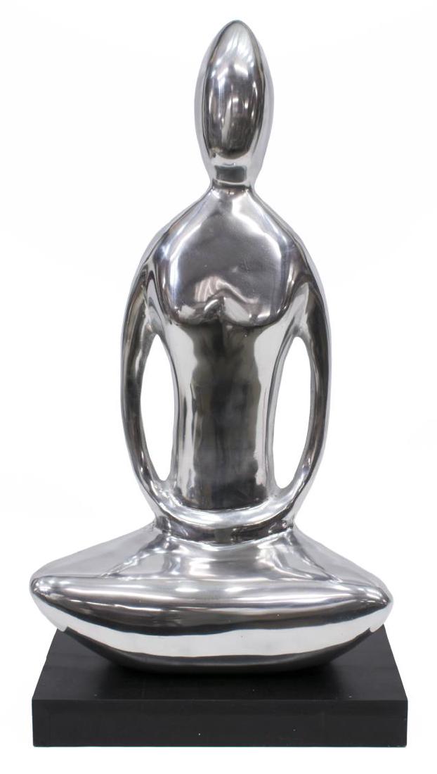 CONTEMPORARY BUDDHIST MEDITATIVE FIGURE SCULPTURE: Contemporary chromed metal sculpture, 20th c., depicting a meditative figure over rectangular black wood base, approx 26.5"h, 13.75"w, 8.75"d, 12.25lbs Start Price: $50.00