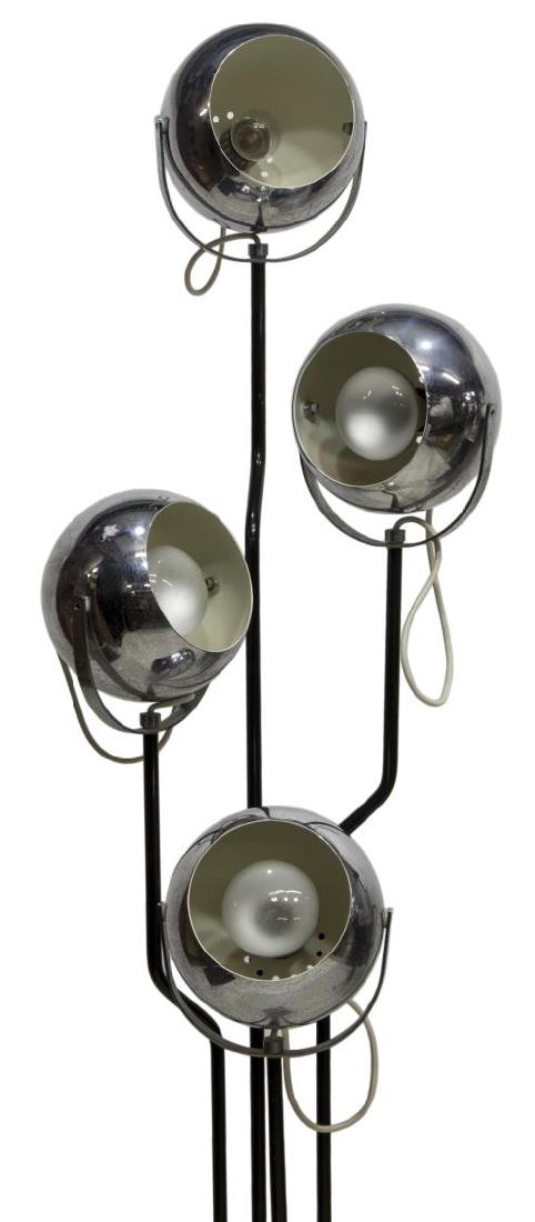 ITALIAN MODERN CHROME FOUR LT STANDING FLOOR LAMP: Italian modern chrome four light standing floor lamp, having four round pivoting shades at graduated heights, on bent black metal rods, on square chrome and iron base, scattered oxidation to chrome, i