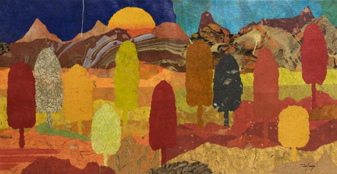 SARA ANHAYA MODERN MIXED MEDIA ON CANVAS PAINTING: Original mixed media (oil, acrylic, rice paper) on stretched canvas painting, late 20th c., "Camp of Dreams II," signed lower right Sara Anhaya, titled verso, overall: 27.75"h, 53.25"w, 8lbs Start Pri