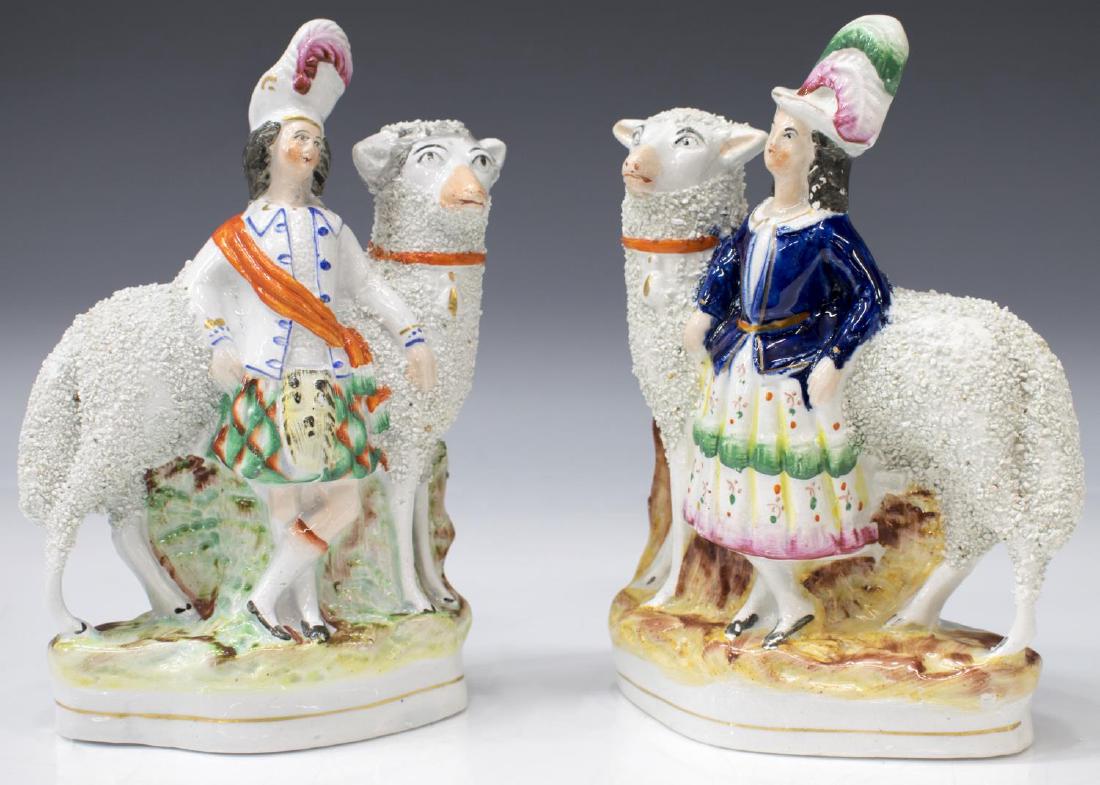 (2) STAFFORDSHIRE FIGURES, SCOTTISH COUPLE & SHEEP: (pair) English Staffordshire mantle figures, mid 19th c., depicting a lady and gentleman in Scottish attire, each standing next to sheep with frit textured fleece, repair to man's head, approx 8"h, 5"