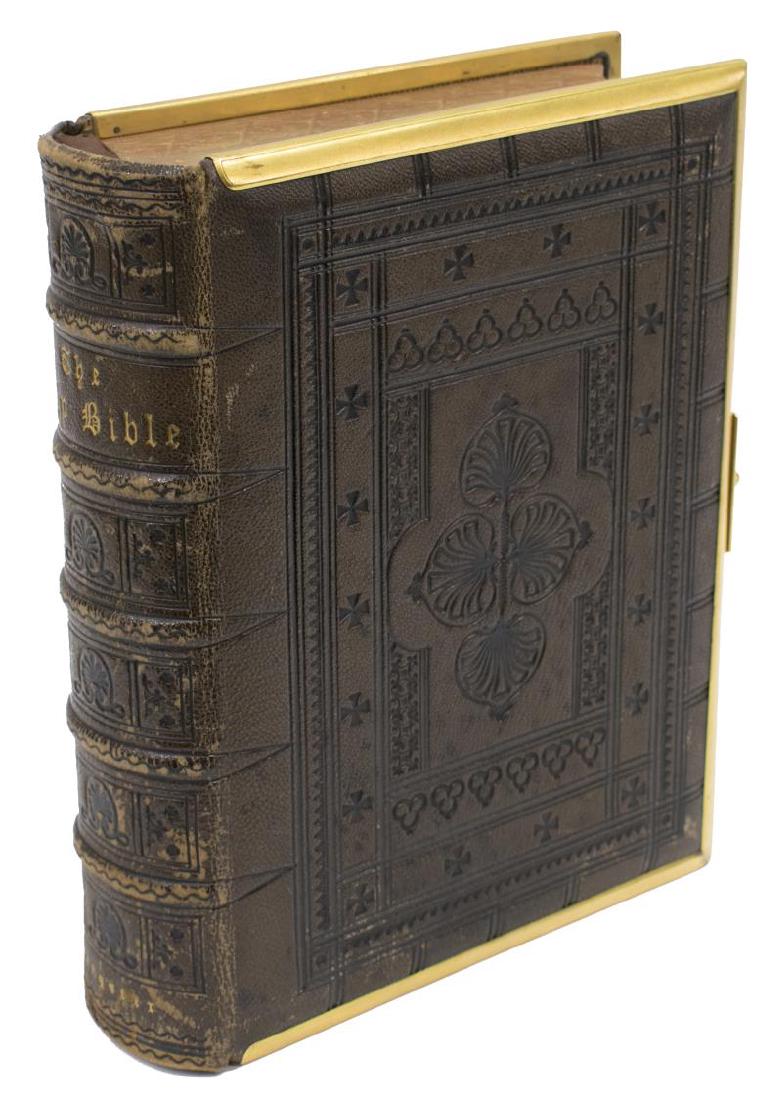 EMBOSSED LEATHER & BRASS BOUND BIBLE, 19TH C.: The Miniature Quarto Bible, late 19th c., with parallel passages and numerous philological and explanatory notes, published by Samuel Bagster and Sons of London, leather binding with embossed designs,