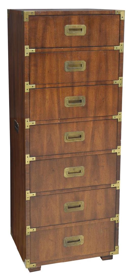 HENREDON CAMPAIGN STYLE LINGERIE CHEST: Henredon walnut finish campaign style lingerie chest, 1970s, the tall chest with seven drawers, inset pulls and carry handles, rising on block feet, 54.25"h, 20"w, 16"d Start Price: $100.00