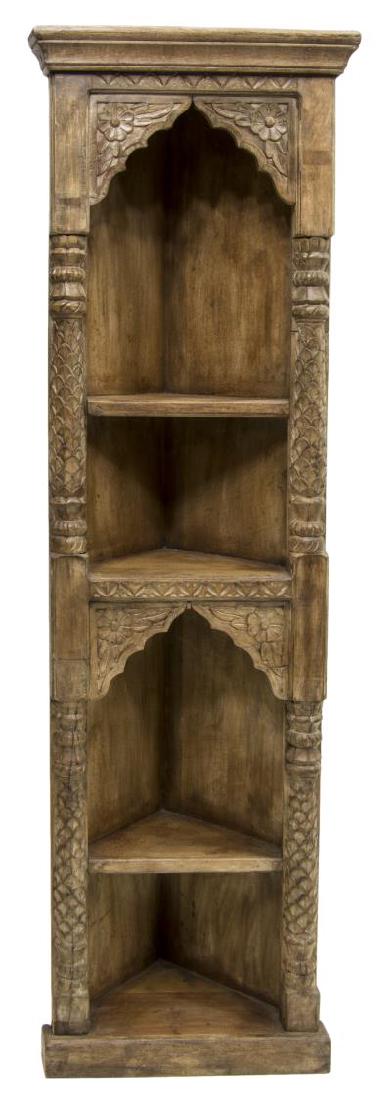 ANGLO-INDIAN CORNER SHELF STORAGE CUPBOARD: Anglo-Indian corner shelf, with stepped cornice top, over four shelves, two with carved floral alcove brackets, sides with carved foliate pilasters, rising on plinth base, approx 71"h, 22"w, 12.75"d S