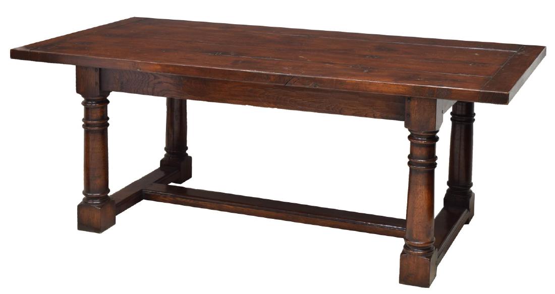 ENGLISH PLANK TOP REFECTORY TABLE STRETCHER BASE: English refectory table, rectangular plank top raised on stretcher joined supports with block feet, 30"h, 78"w, 35.5"d Start Price: 400.00