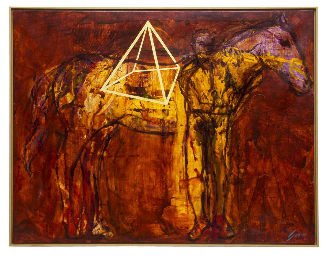 PEP SUARI (SPAIN, B.1957) FRAMED ACRYLIC PAINTING: Framed acrylic on canvas painting, 20th c., "Equus-Libri," signed lower right Suari (Pep Suari, Barcelona, Spain, b. 1957), Austin Galleries label verso, overall: 46.25"h, 58.75"w, 15lbs Start Price: