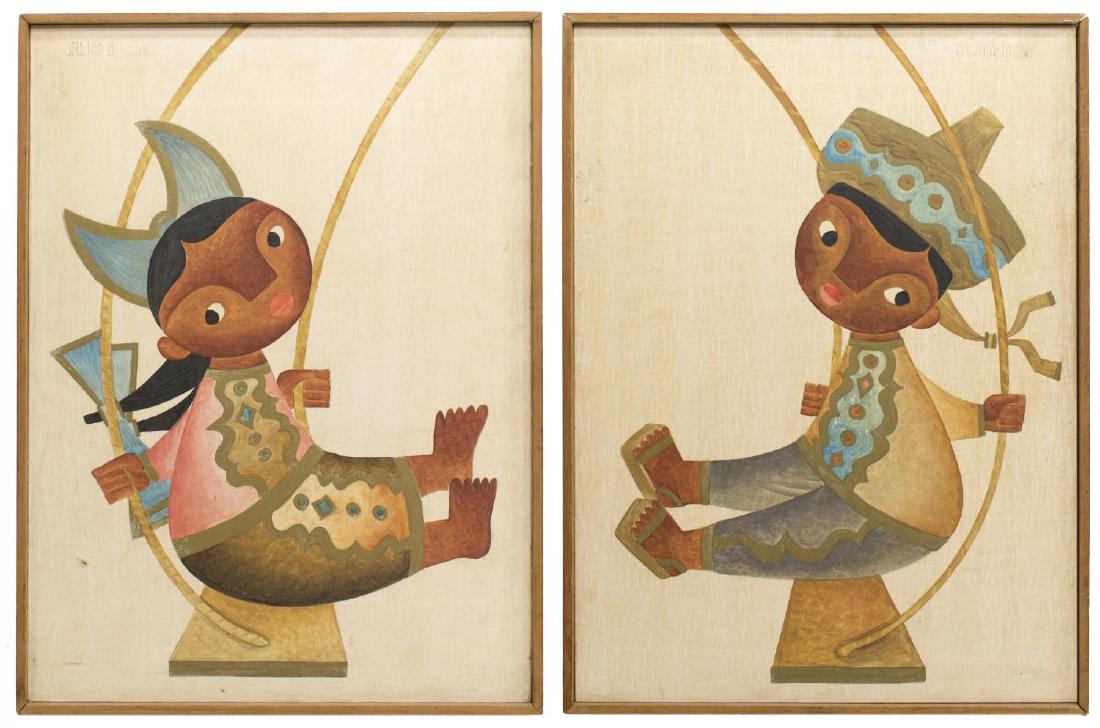 (2) JOSE MARIA DE SERVIN (MEXICO) OIL PAINTINGS: (lot of 2) Framed oil on linen paintings, mid 20th c., signed Jose Maria de Servin (Michigan, Arizona, Mexico, 1917-1983), depicting a young girl and boy on swings, sight: 23.75"h, 17.5"w, overall: 24