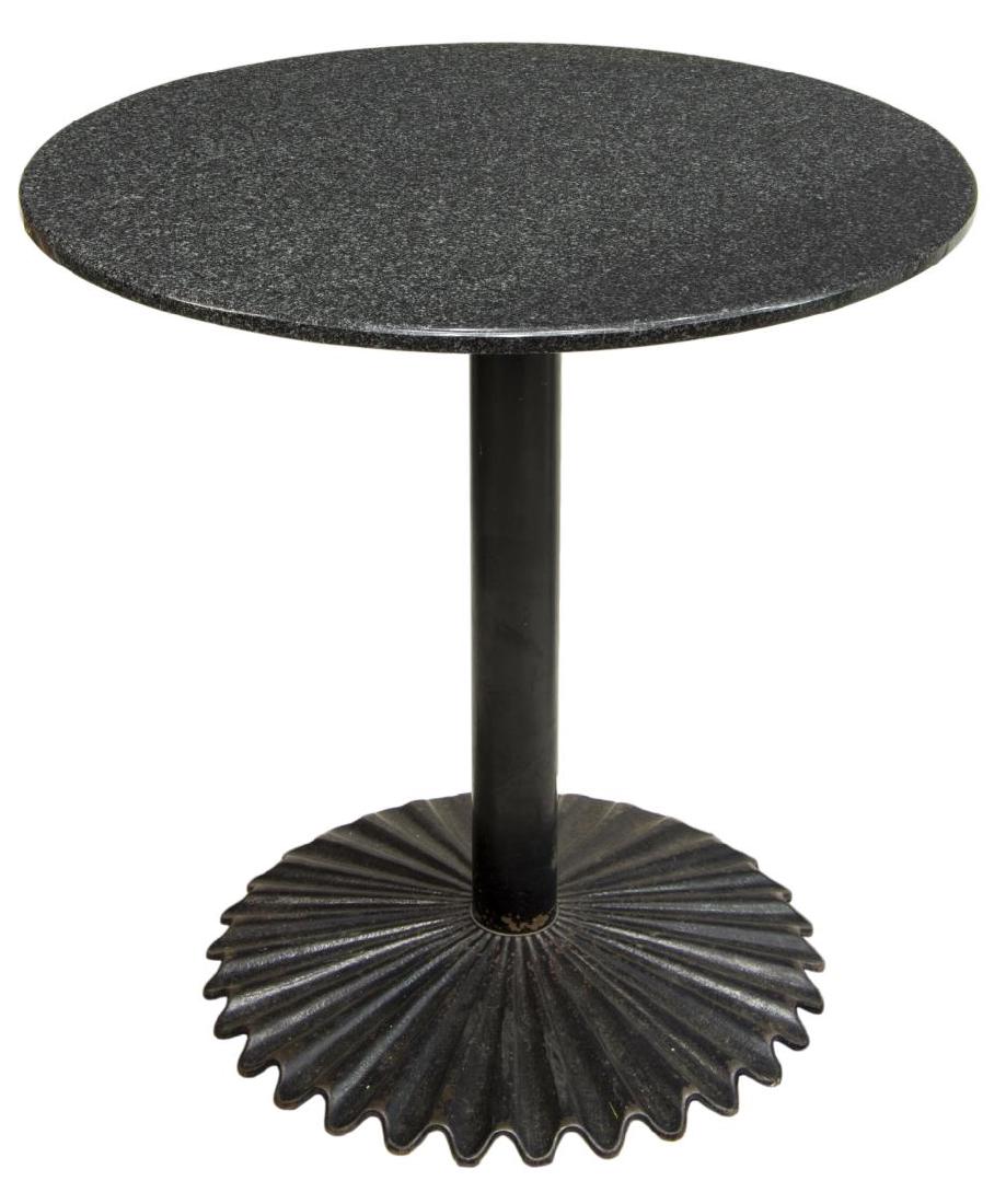 MARBLE TOP BLACK METAL BASE CAFE/PUB TABLE: Marble top cafe/pub table, round black marble top, over black metal standard, on circular fluted base, approx 30.25"h, 30"diam Start Price: 80.00