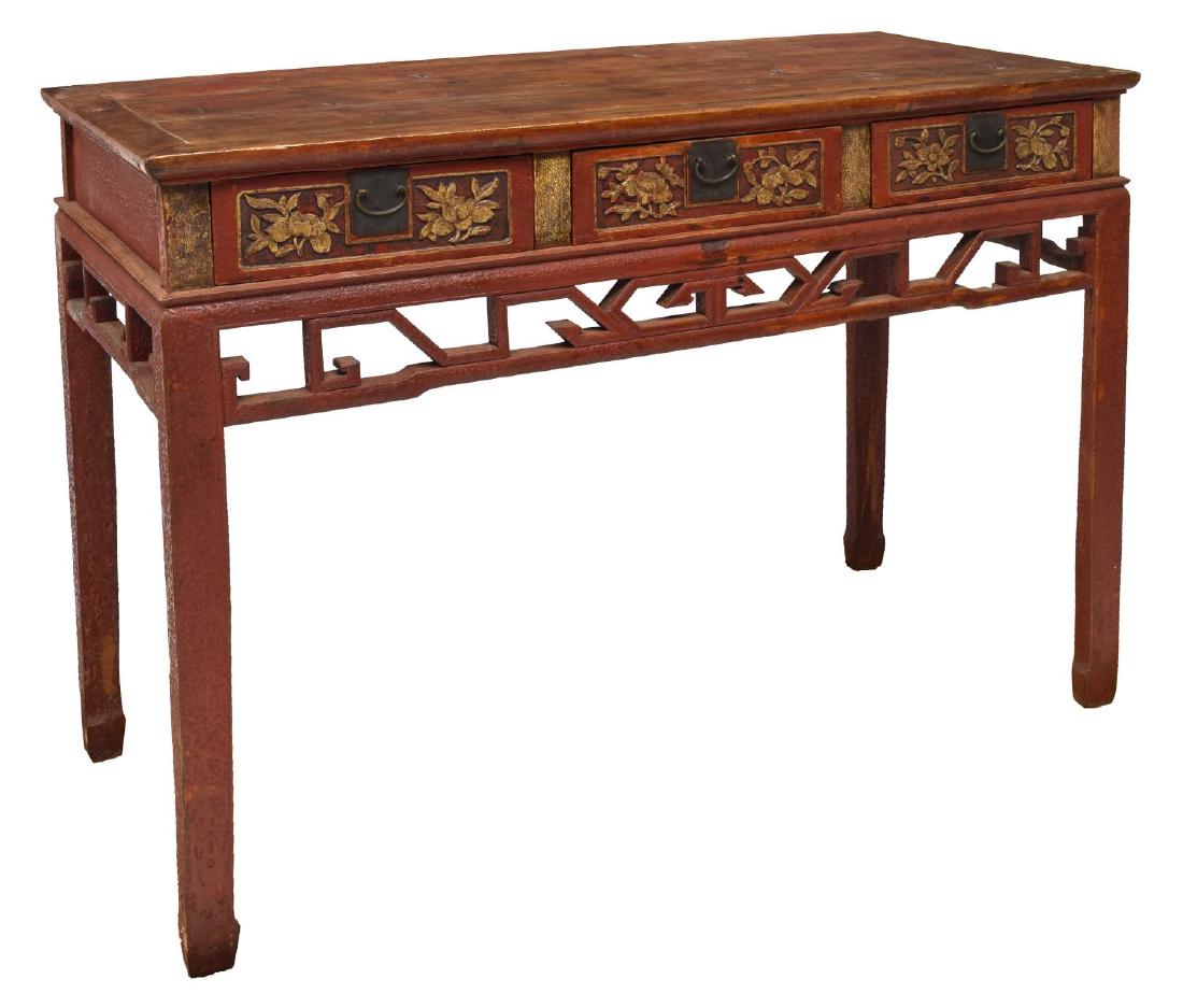 CHINESE ELMWOOD & RED LACQUER DESK OR TABLE: Chinese elmwood desk or table, rectangular plank top, over red lacquer base, with three drawers and pierced apron, rising on block legs, ending in hoof feet, approx 35.25"h, 49"w, 22.5"d Start Price: 