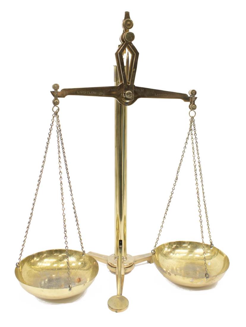 ENGLISH L. OERTLING LTD. BRASS BEAM SCALE: English brass scale, early 20th c., with tripod base and beam, the beam marked L. Oertling Ltd., London, to weigh 200 oz, height adjustment pedal terminating in disc-shaped pad, beam hung with two pan