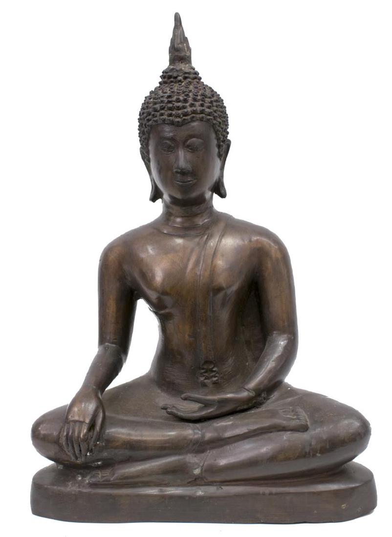 LARGE THAI PATINATED BRONZE FIGURE, SEATED BUDDHA: Large Thai patinated bronze figure, Buddha, in the Bhumisparsha mudra posture, seated upon a simple base, approx 18"h, 12.5"w, 6"d, 11lbs Start Price: $100.00