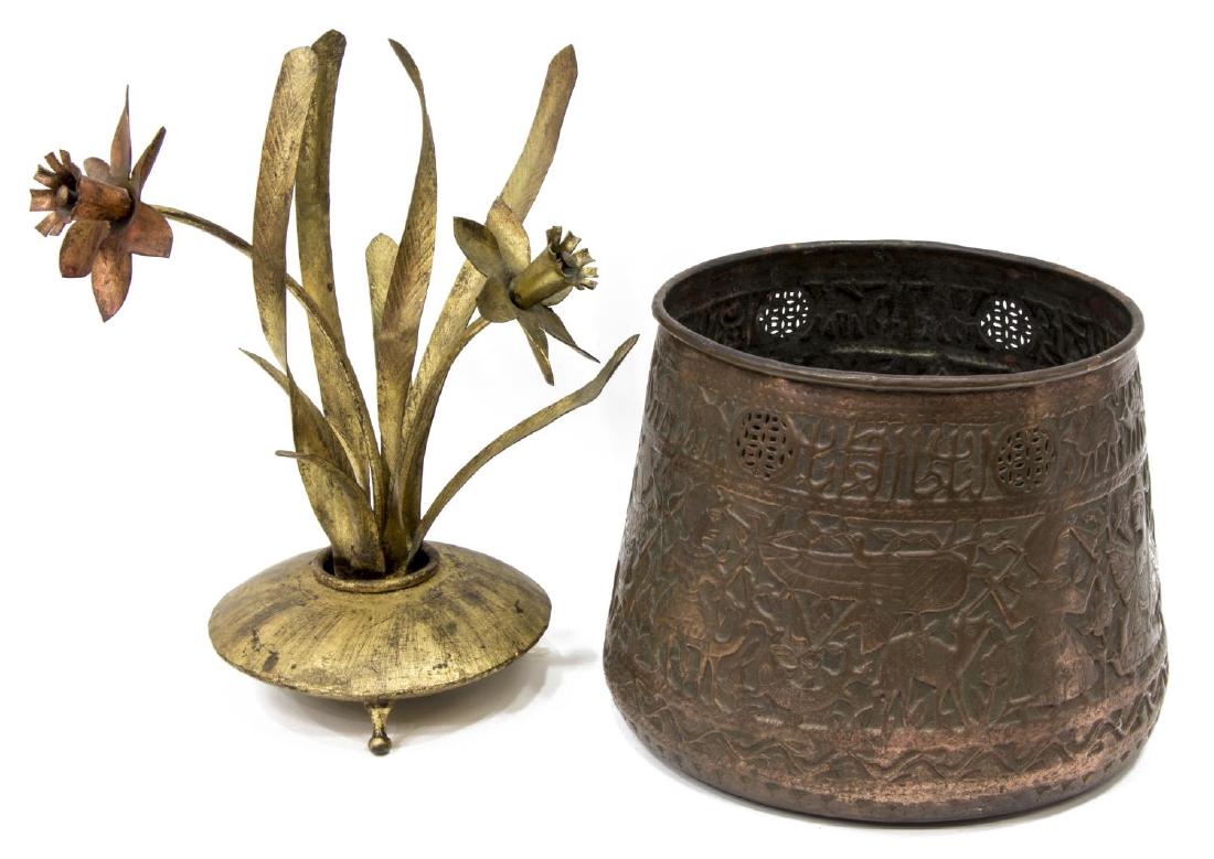 (2) SPANISH & SYRIAN METALWORK ITEMS, COPPER POT: (lot of 2) Metalwork items, including: (1) Spanish gilt metal floral centerpiece, one flower copper colored, approx 14.5"h, 13"w, 7.75"d; (1) Syrian copper pot, pierced to top, incised figural and ani