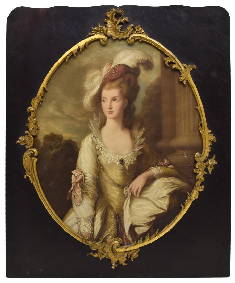 FRAMED PRINT AFTER THOMAS GAINSBOROUGH (1727-1788): Framed print on paper, "The Honorable Mrs Mary Graham (1757-1792)," after the painting by Thomas Gainsborough (England, 1727-1788), sight: approx 25.75"h, 21"w, overall: 34.5"h, 28.5"w, 14lbs Start Pr